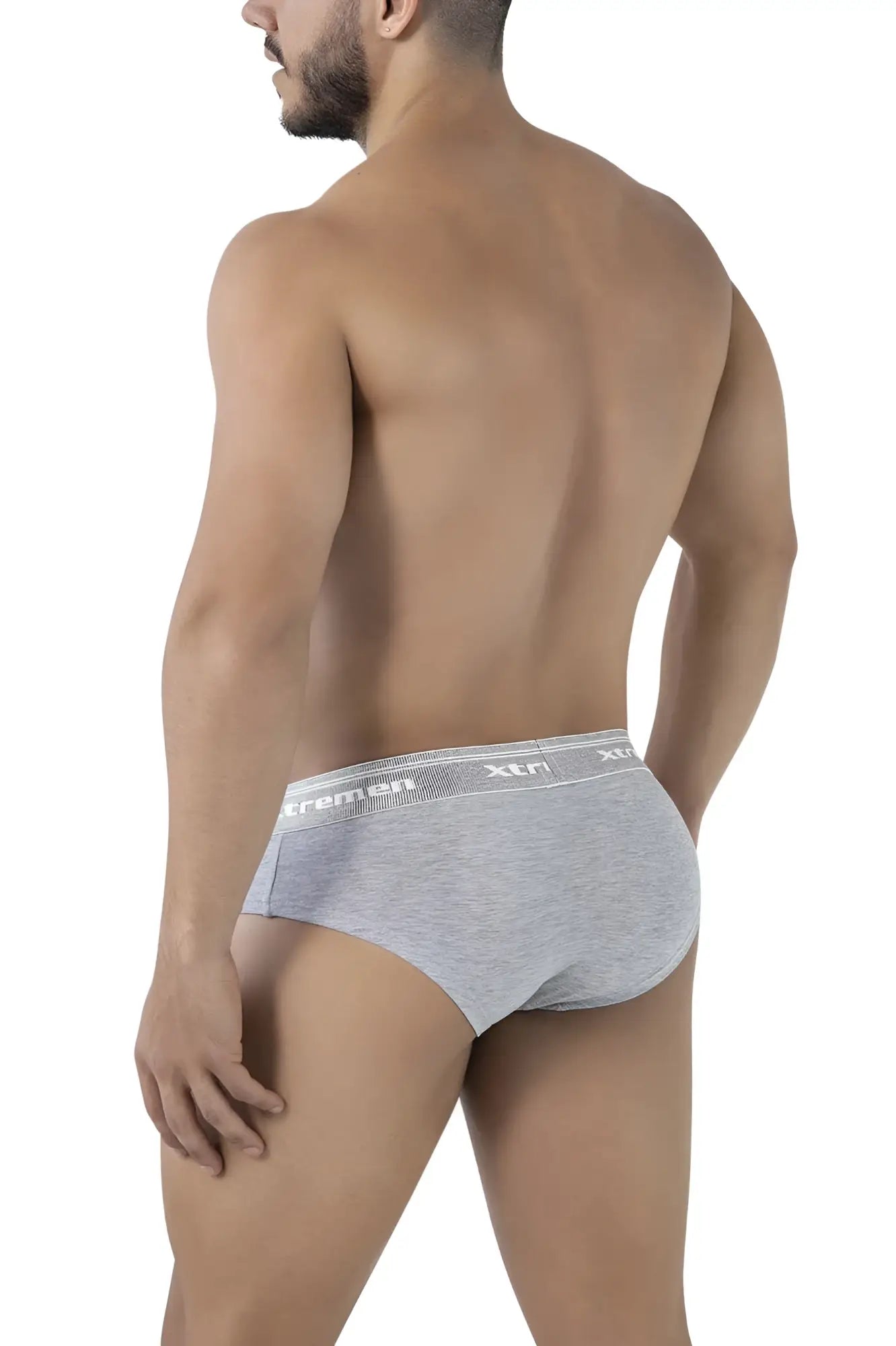 Gray heathered cotton blend briefs with white elastic waistband featuring xtr logo in jasper gray color