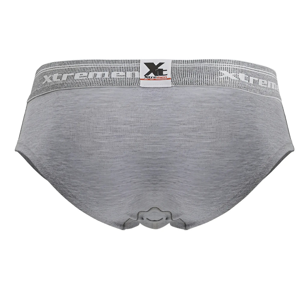 Gray heathered cotton blend briefs with white xtreme waistband and brand tag in jasper gray color