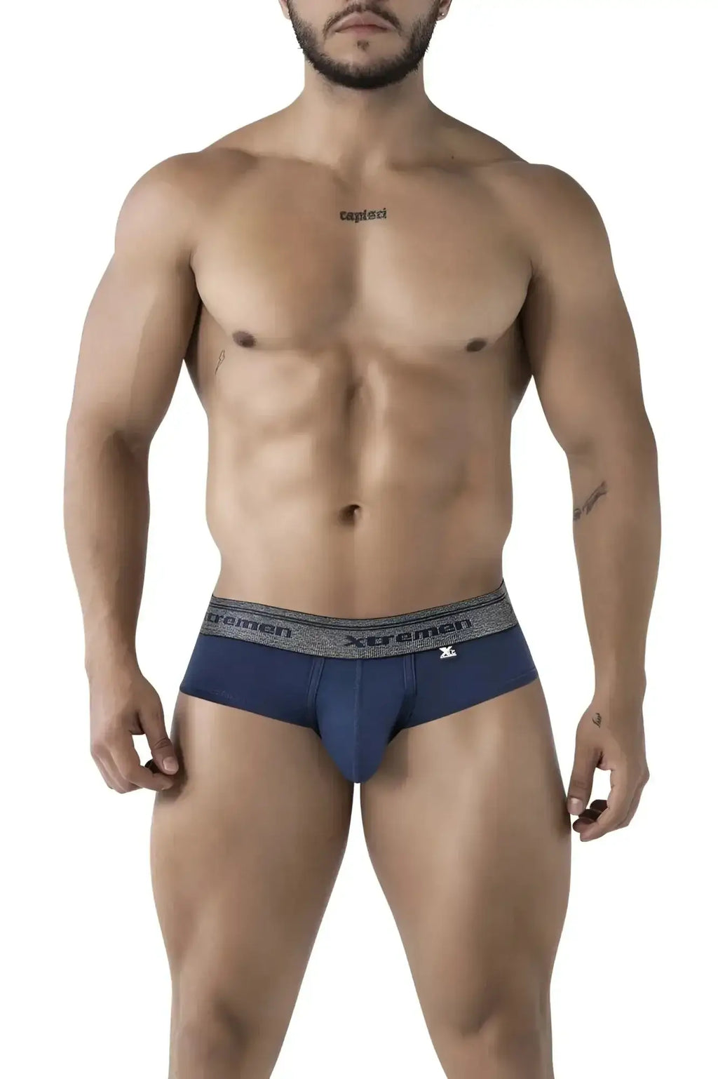 Navy blue Xtremen 41315 cotton blend men’s briefs with gray elastic waistband featuring brand name and logo