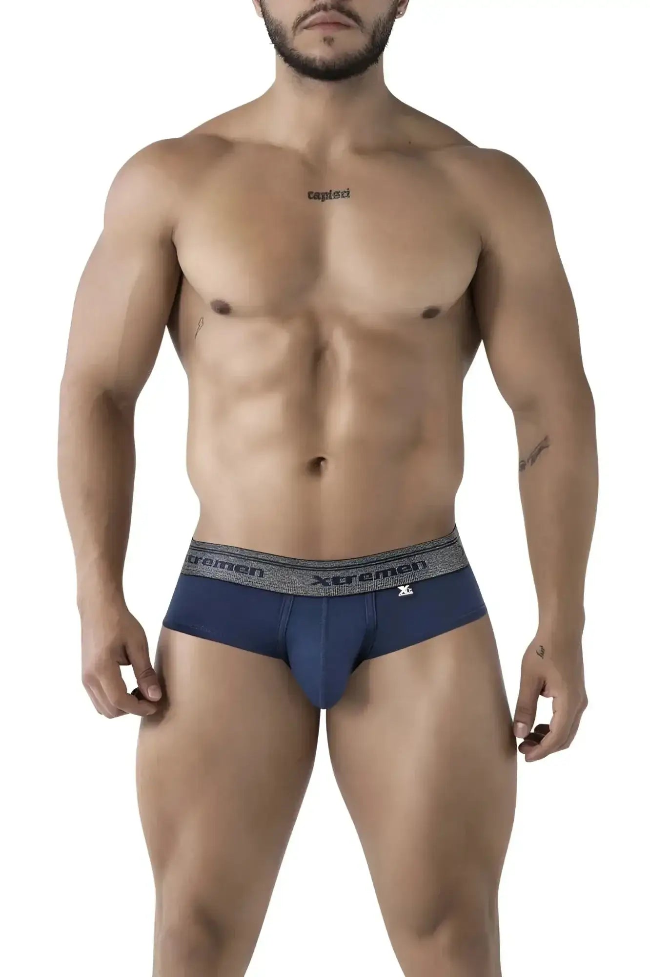 Navy blue Xtremen 41315 cotton blend men’s briefs with gray elastic waistband featuring brand name and logo