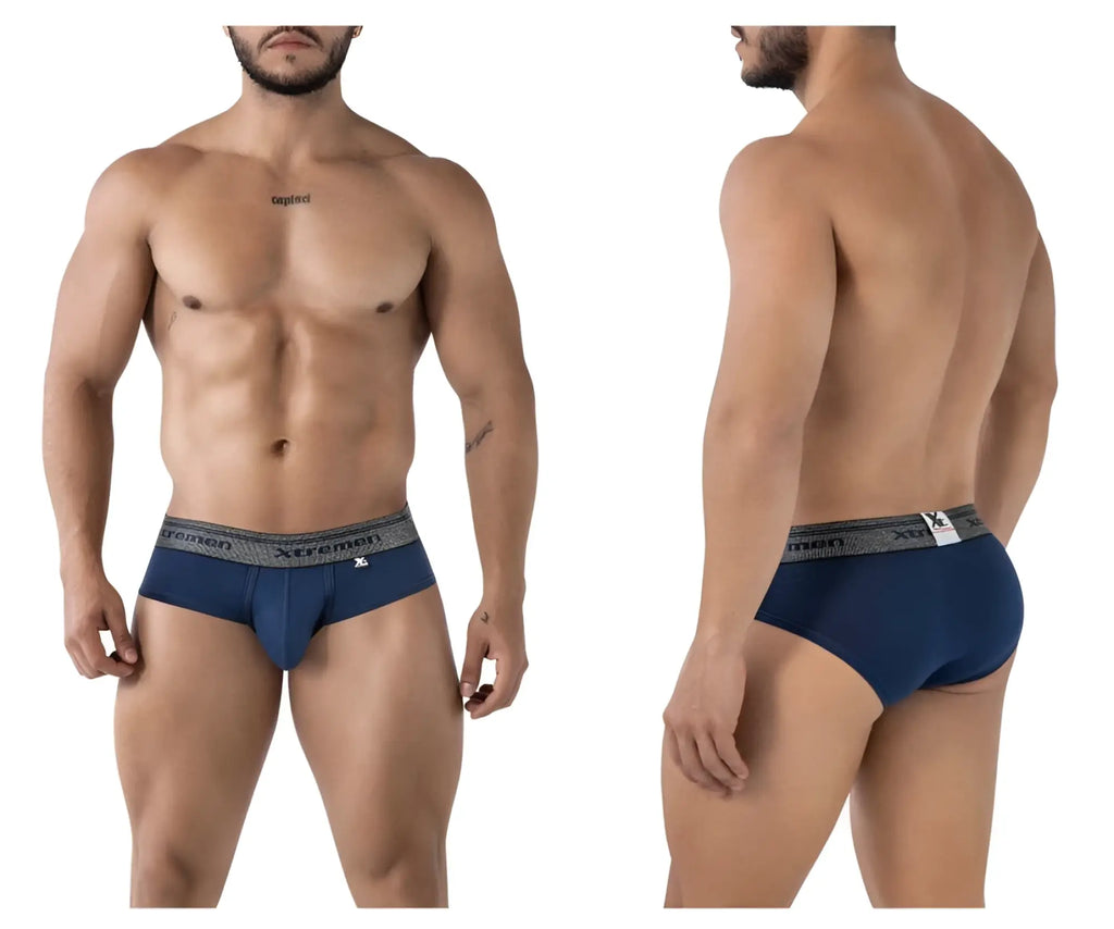 Navy xtremen 41315 cotton blend men’s briefs with gray elastic waistband and xl size tag visible in front view