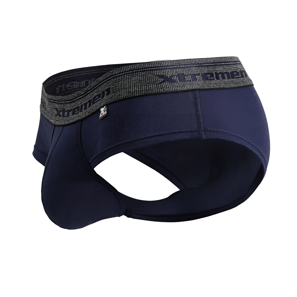 Navy blue xtremen 41315 cotton blend men’s briefs with textured gray waistband featuring brand name and logo