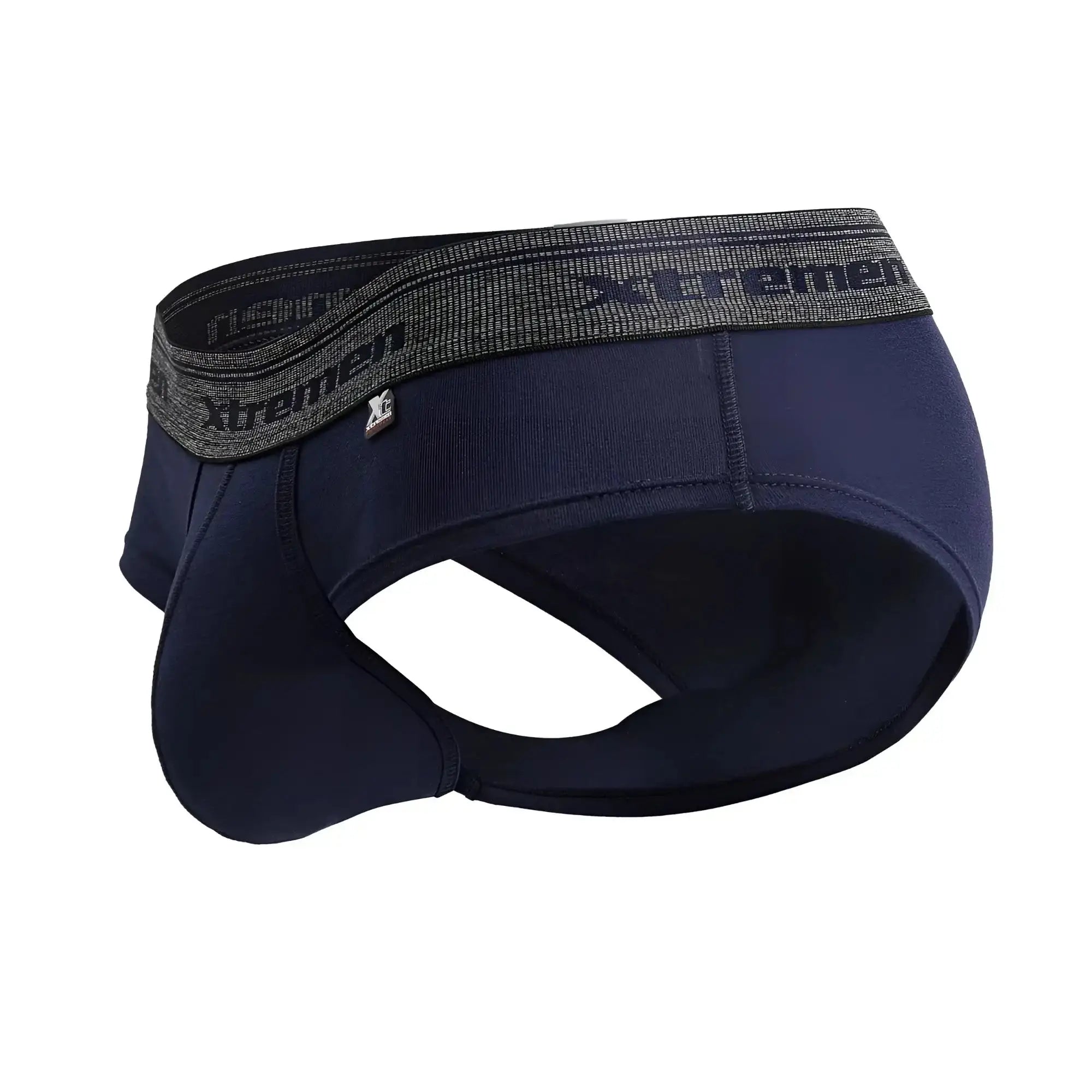 Navy blue xtremen 41315 cotton blend men’s briefs with textured gray waistband featuring brand name and logo
