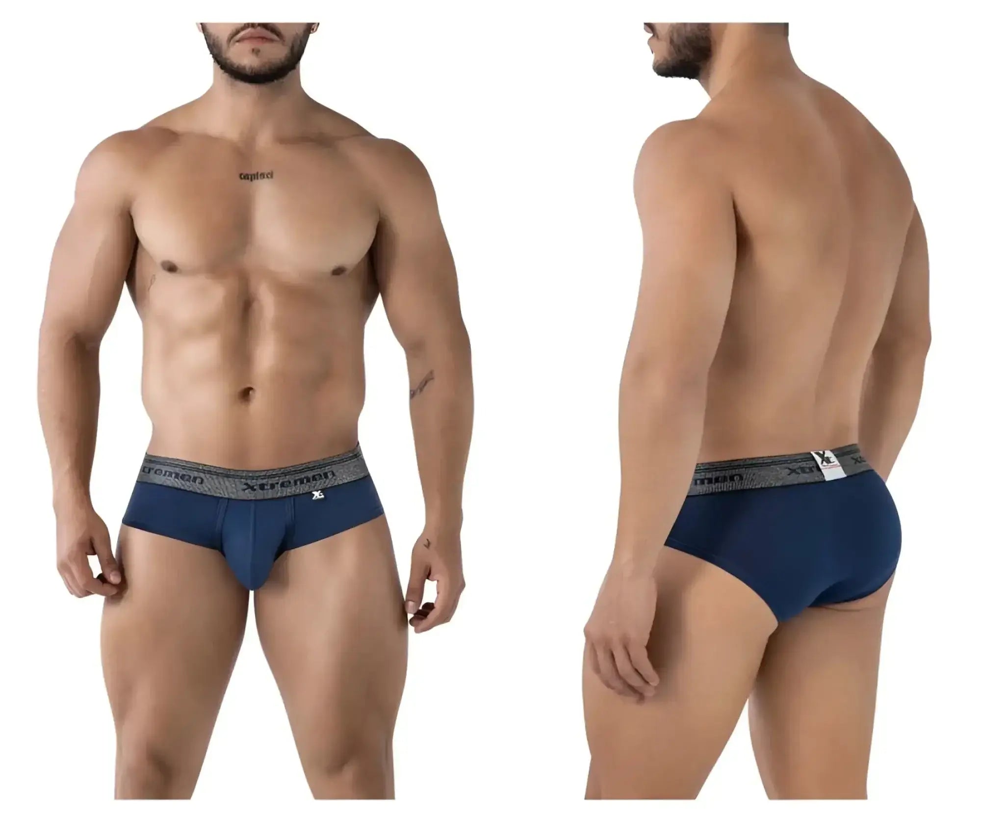 Navy xtremen 41315 cotton blend men’s briefs with gray elastic waistband and xl size tag visible in front view