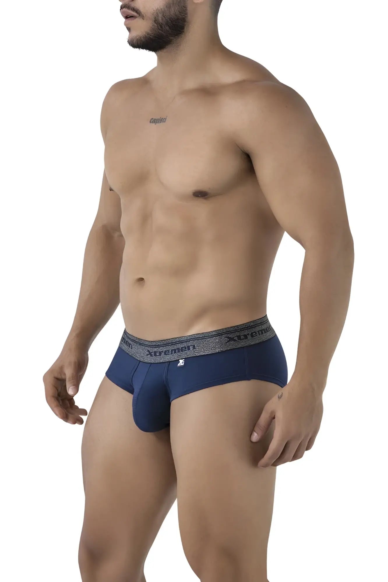 Navy blue xtremen 41315 cotton blend briefs with gray patterned waistband featuring brand name and logo