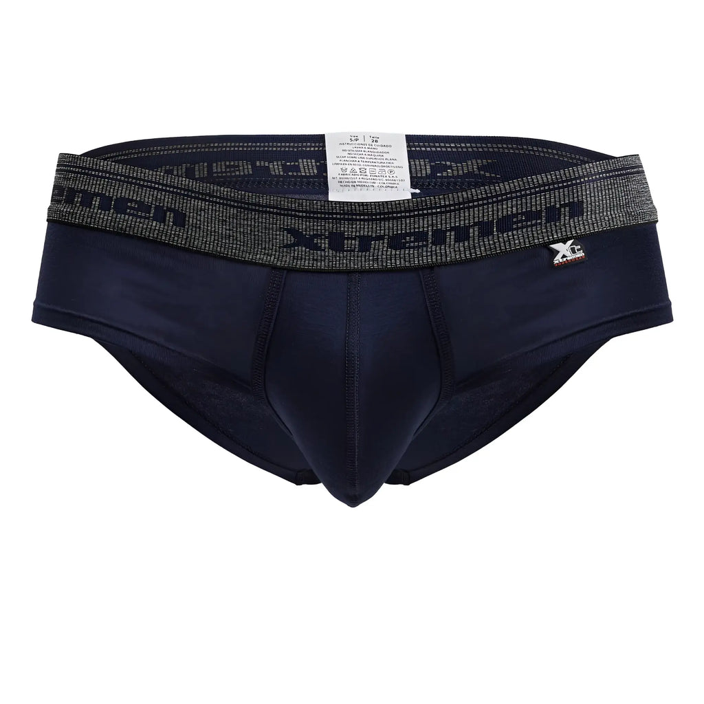 Navy blue xtremen 41315 cotton blend men’s briefs with textured gray waistband featuring brand name and logo