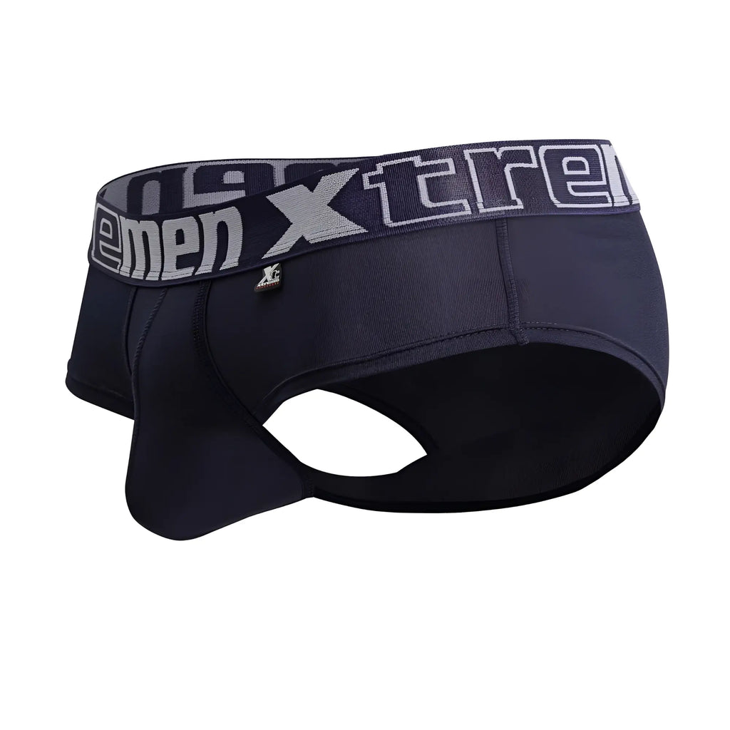 Black men’s microfiber briefs in navy with a gray elastic waistband featuring the xtreme logo in white lettering