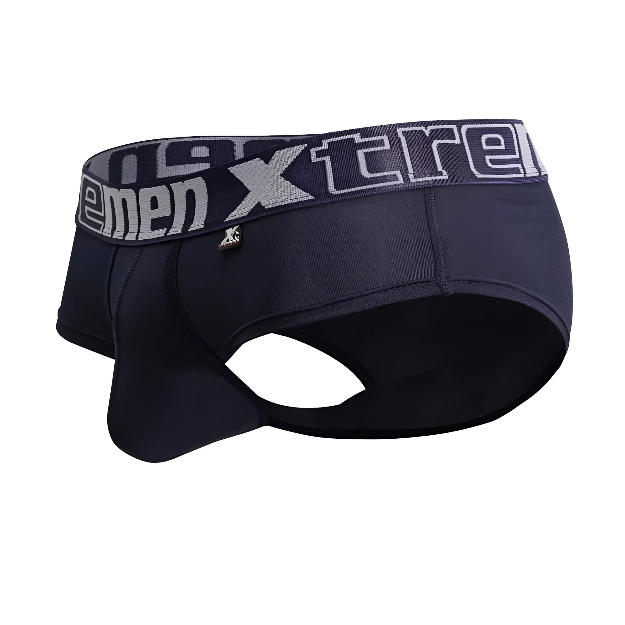 Black men’s microfiber briefs in navy with a gray elastic waistband featuring the xtreme logo in white lettering