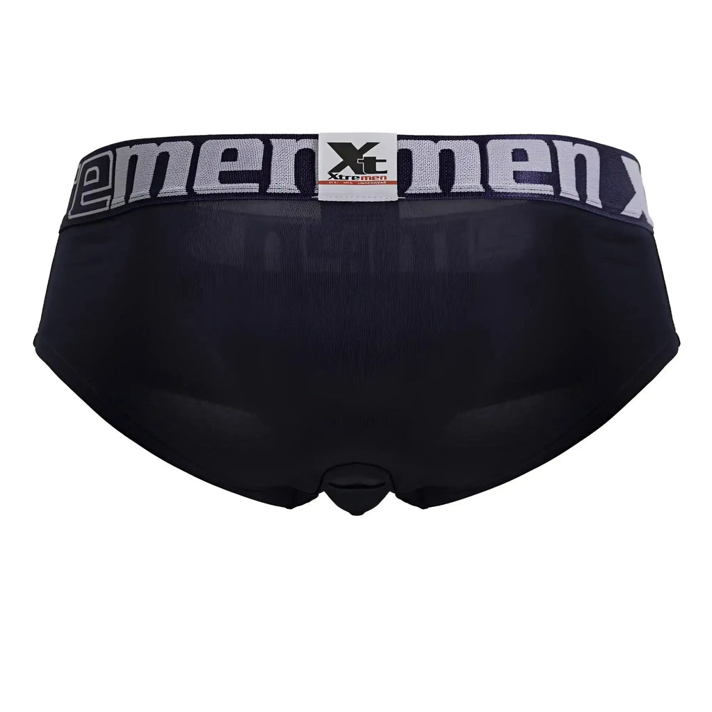 Navy microfiber briefs for men with a gray xtremen waistband featuring the brand logo and text