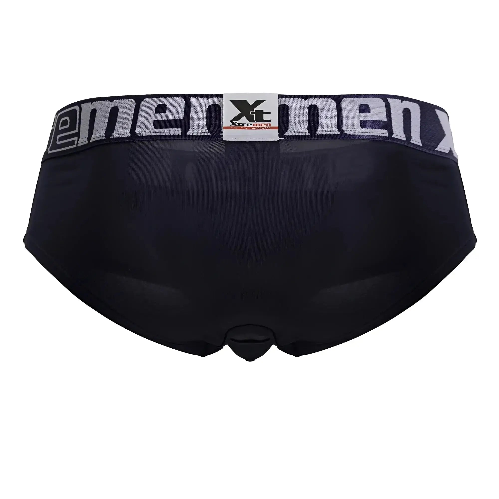 Navy microfiber briefs for men with a gray xtremen waistband featuring the brand logo and text
