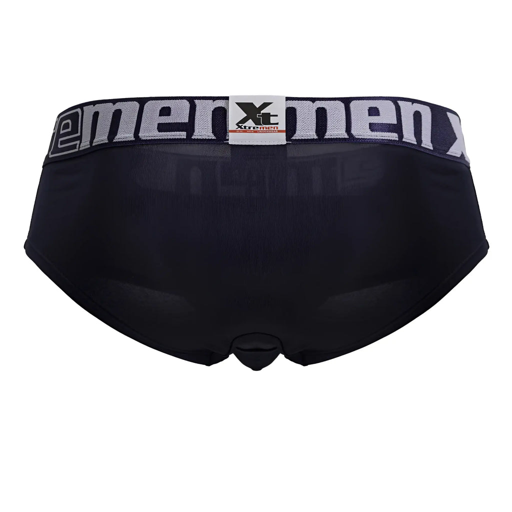 Navy microfiber briefs for men with a gray xtremen waistband featuring the brand logo and text