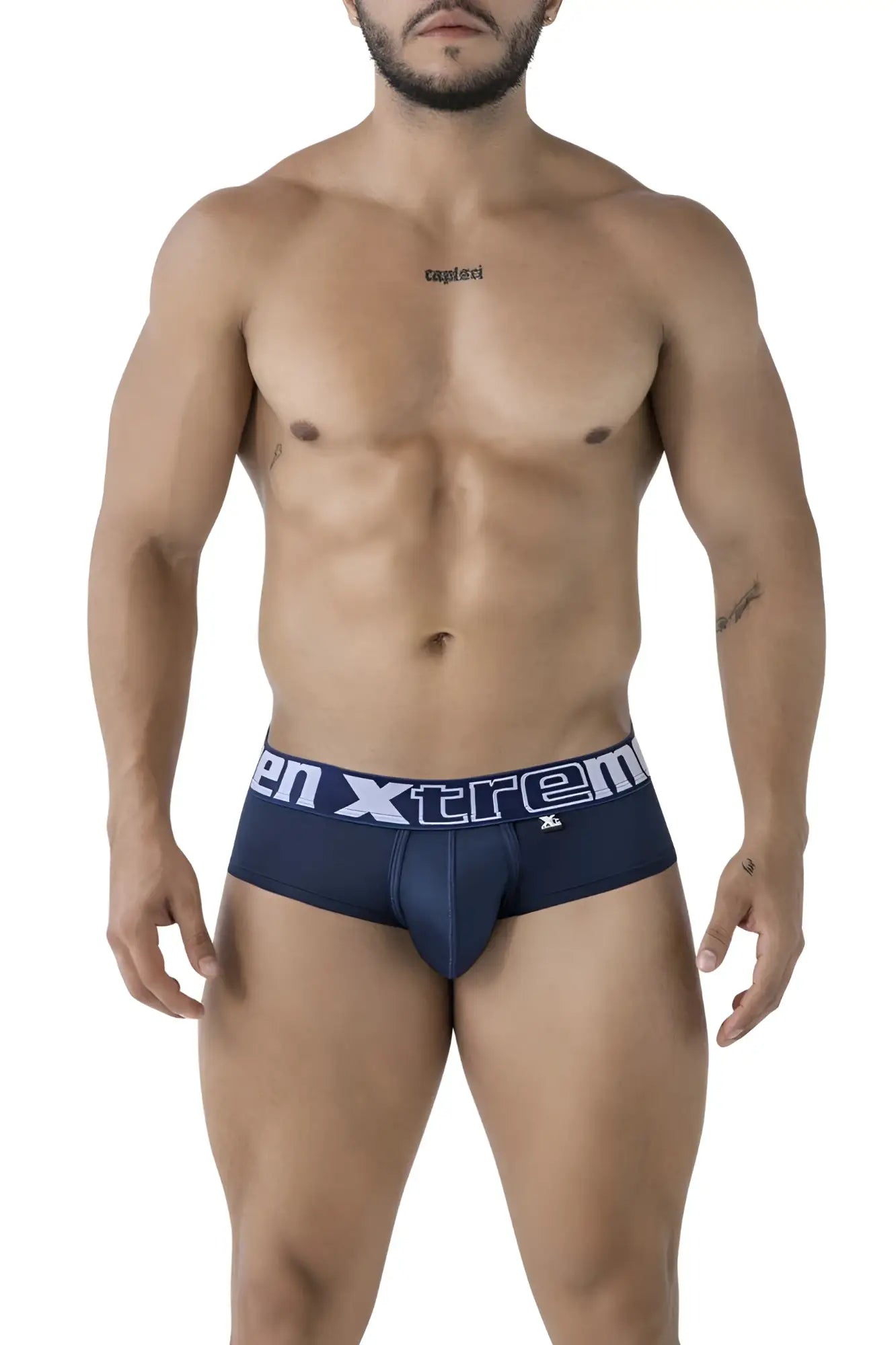 Navy blue xtremen 41316 microfiber briefs for men with white xtrem branding on the waistband front side