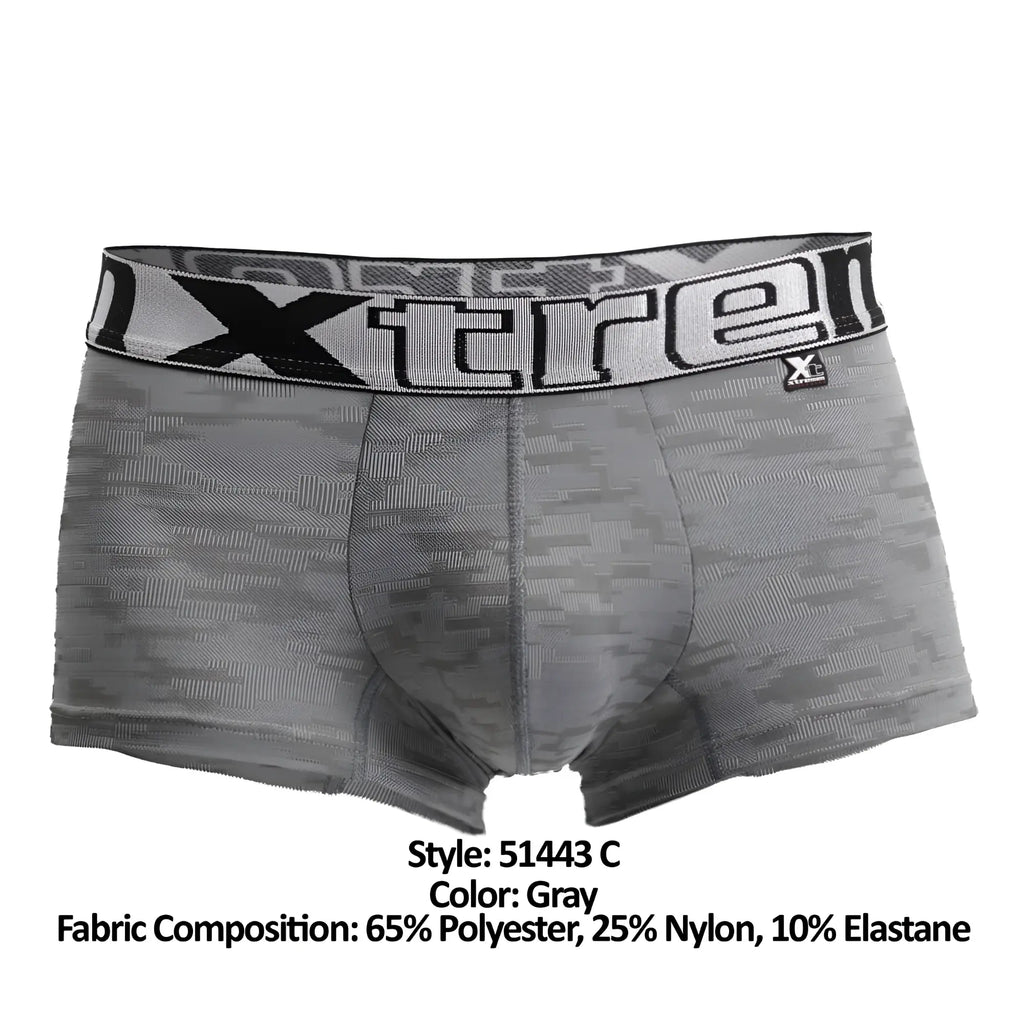 Gray xtremen 51443c jacquard camouflage boxer briefs with black and white branded waistband front view