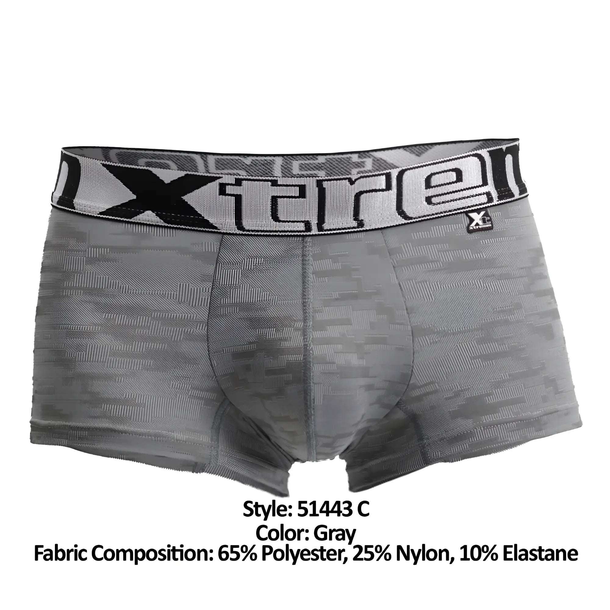 Gray xtremen 51443c jacquard camouflage boxer briefs with black and white branded waistband front view