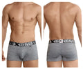 Gray jacquard camouflage men’s boxer briefs with black elastic waistband featuring xtreme brand name in white