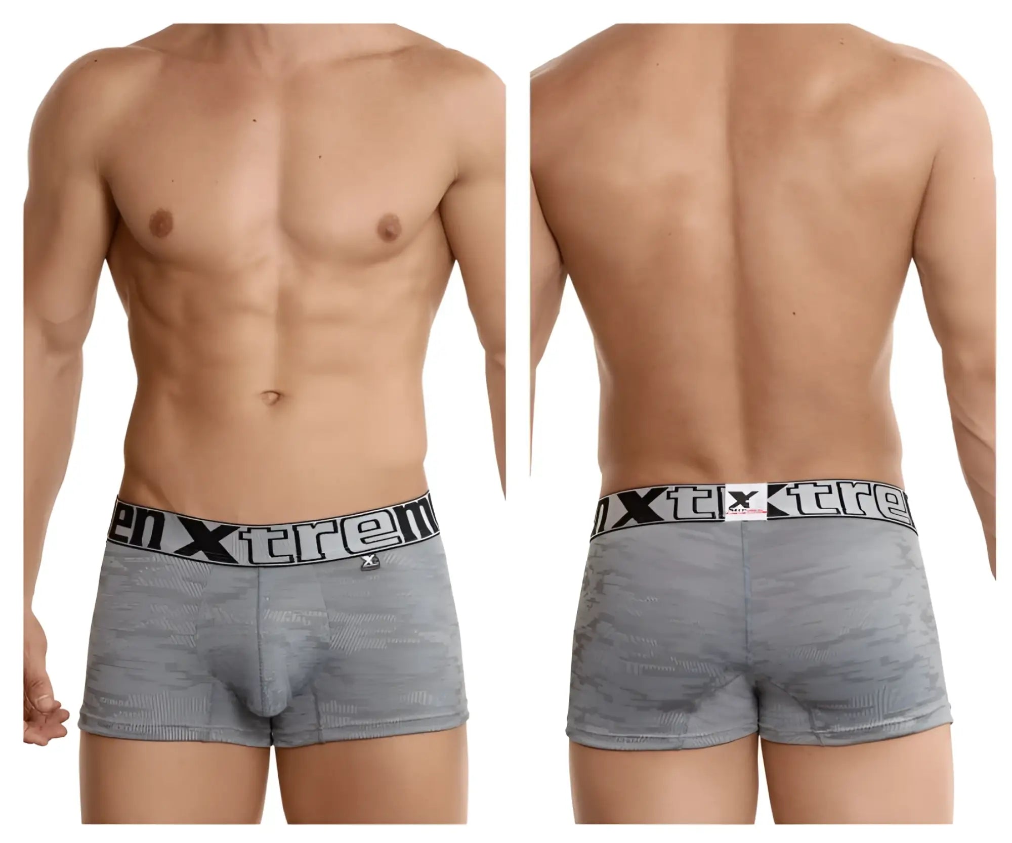 Gray jacquard camouflage men’s boxer briefs with black elastic waistband featuring xtreme brand name in white