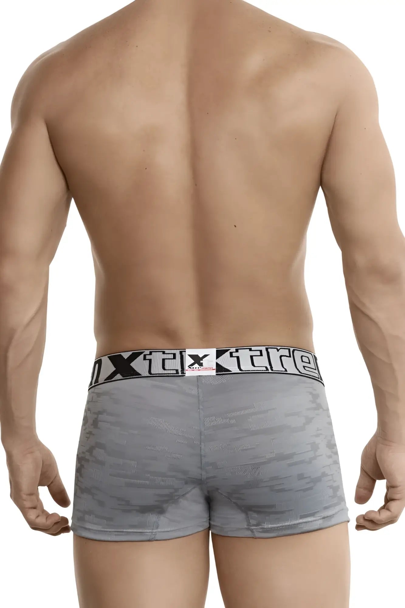 Gray xtremen 51443c jacquard camouflage men’s boxer briefs with black and white elastic waistband featuring xtreme logo