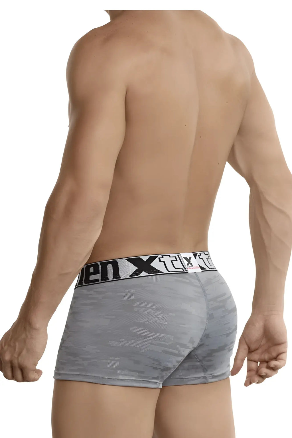 Gray jacquard camouflage men x boxer briefs with a black and white elastic waistband featuring the men x logo