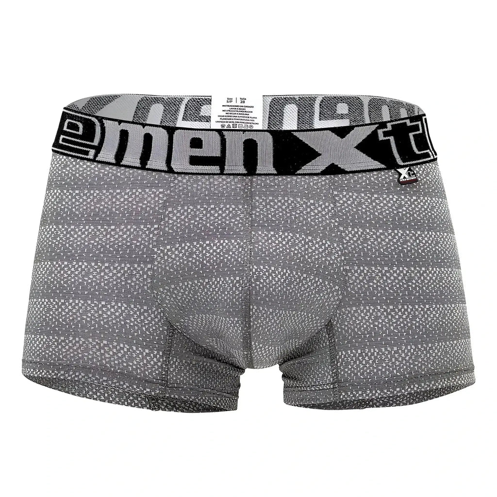 Gray and black patterned menxt boxer briefs with bold logo band in geometric jacquard fabric for comfortable support