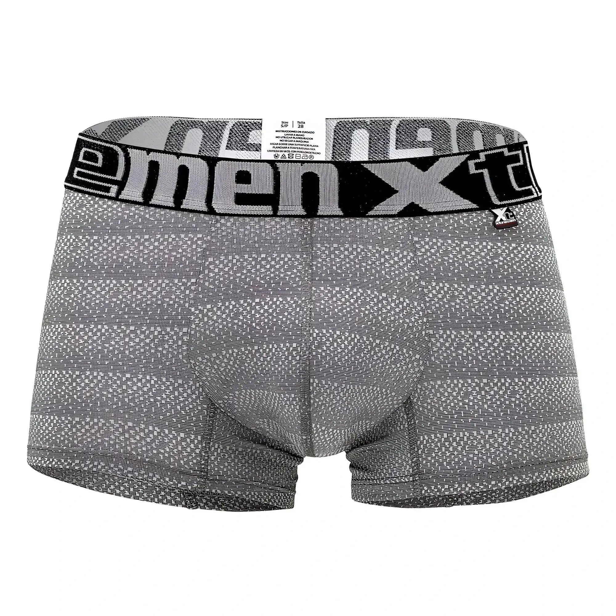 Gray and black patterned menxt boxer briefs with bold logo band in geometric jacquard fabric for comfortable support