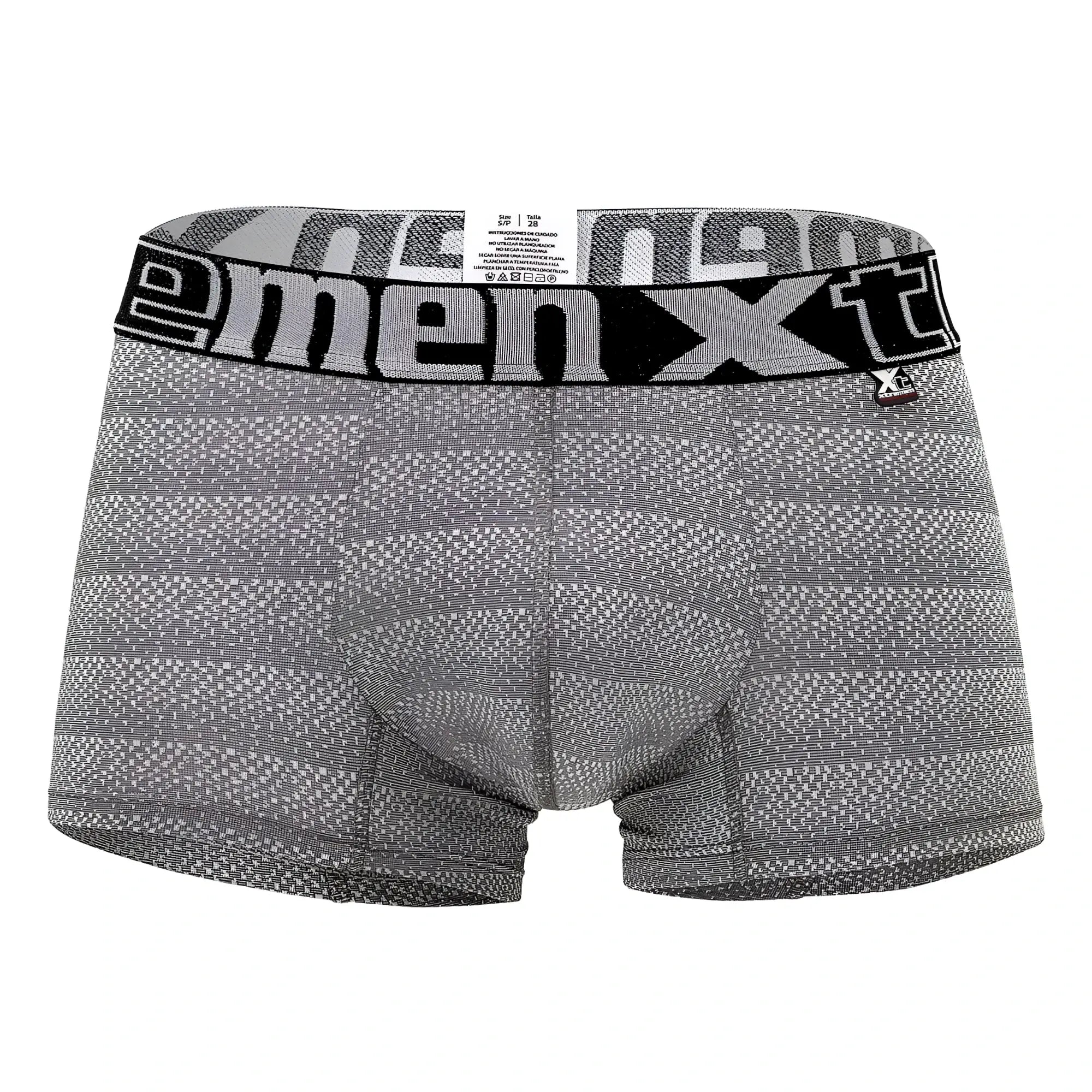 Gray and black patterned menxt boxer briefs with bold logo band in geometric jacquard fabric for comfortable support