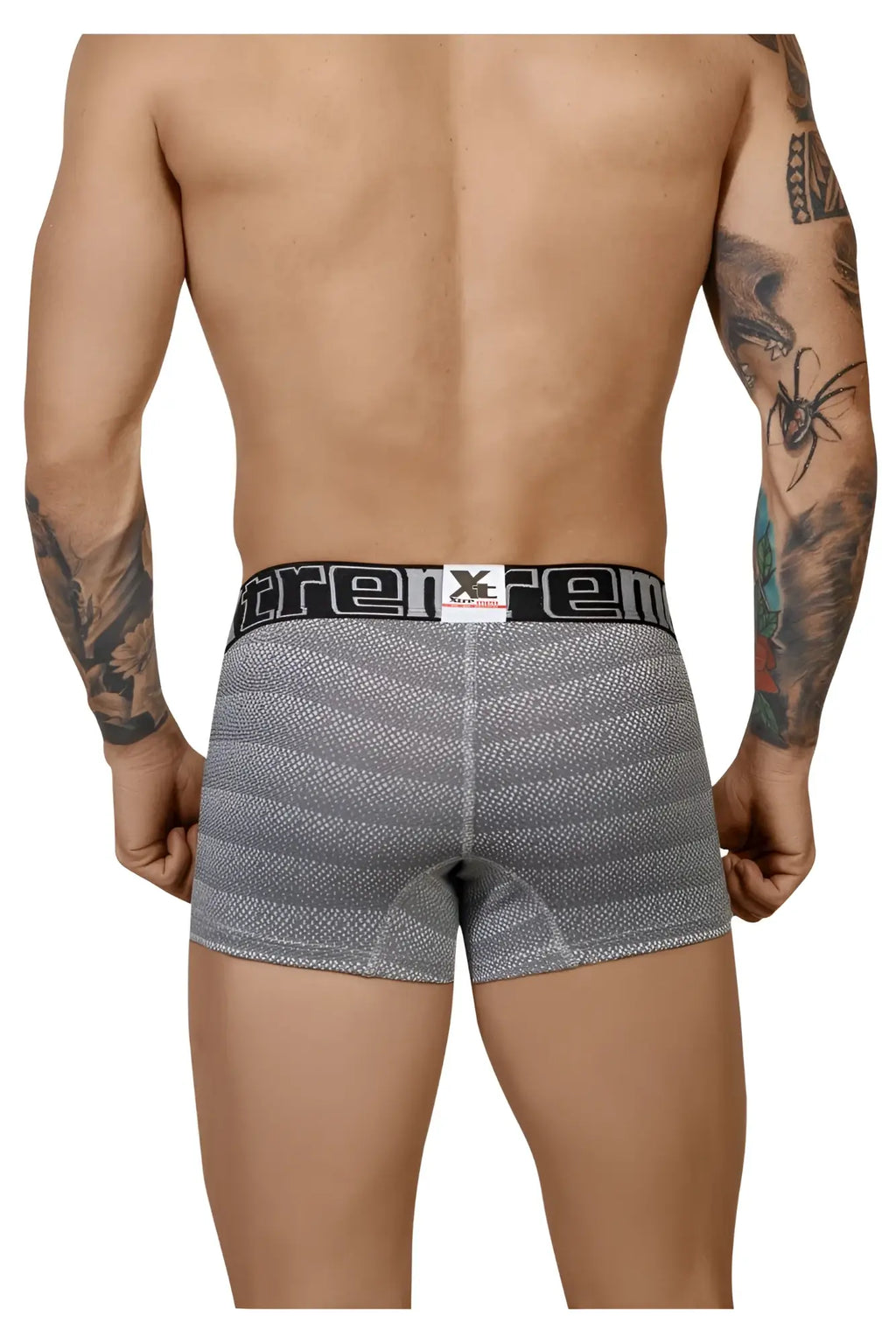 Gray xtremen 51449c geometric jacquard trunk boxer briefs with black elastic waistband and xtreme logo