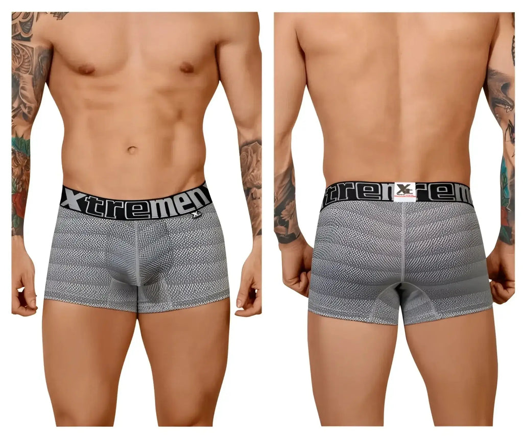 Gray striped men’s boxer briefs with geometric jacquard fabric and black xtremen branded elastic waistband