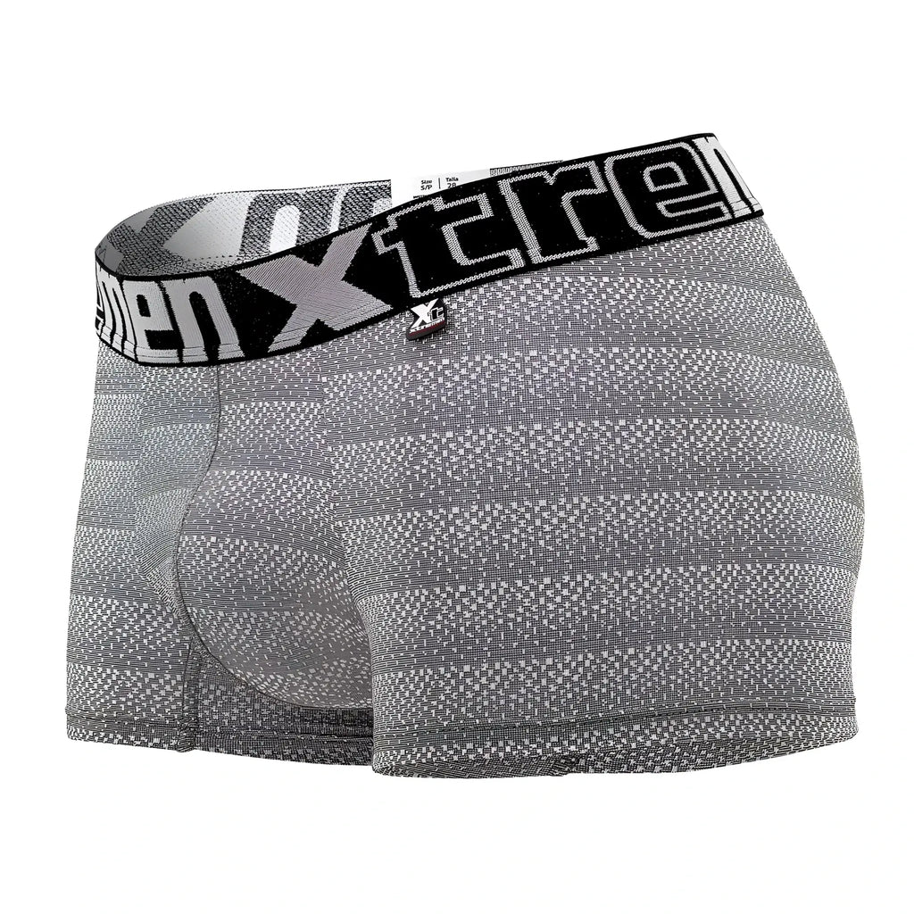 Gray xtremen 51449c geometric jacquard men’s boxer briefs with black waistband and white xtreme logo