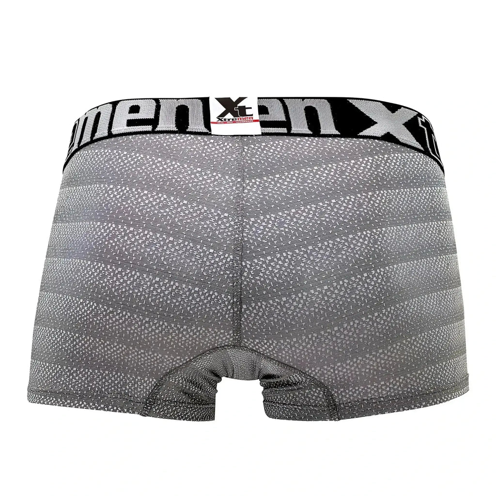 Gray geometric jacquard men’s boxer briefs with black x-men waistband for comfortable everyday wear