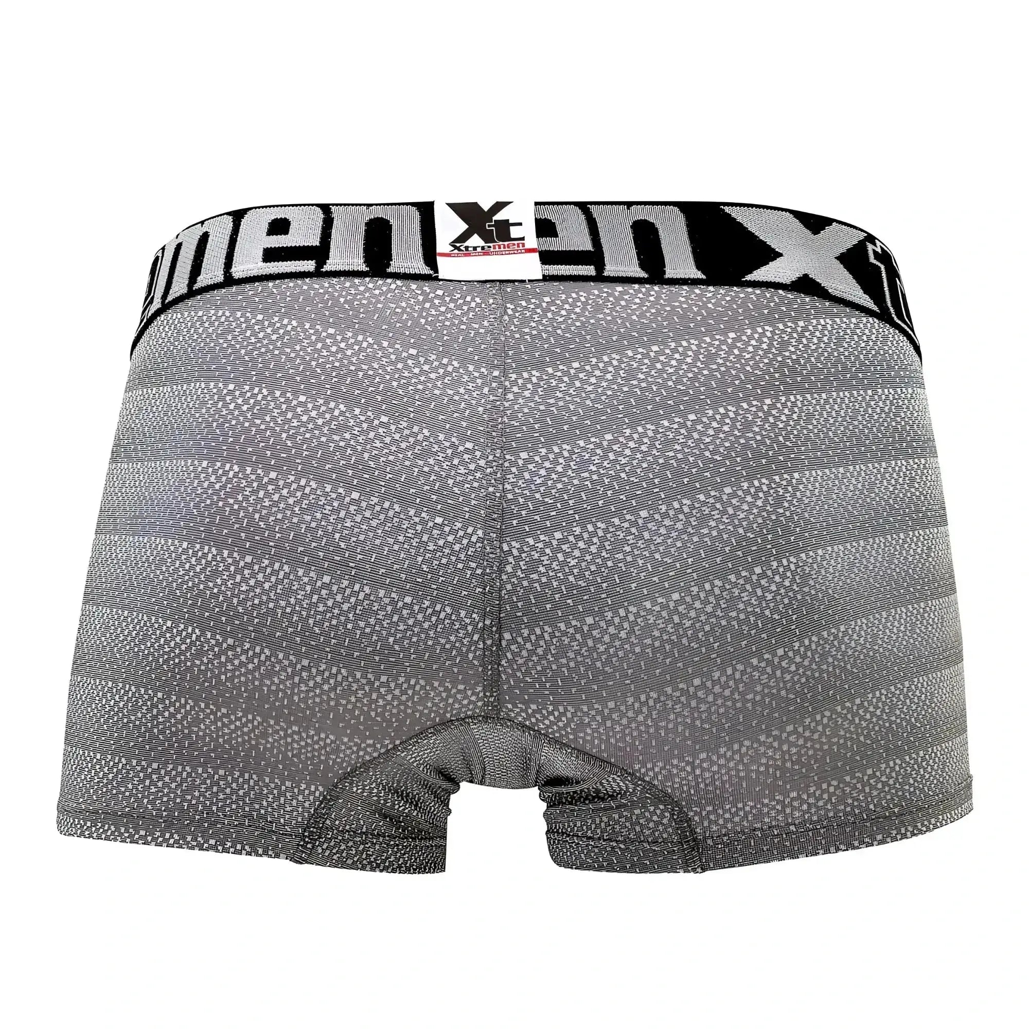 Gray geometric jacquard men’s boxer briefs with black x-men waistband for comfortable everyday wear