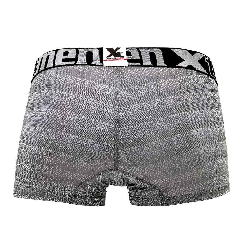 Gray geometric jacquard men’s boxer briefs with black x-men waistband for comfortable everyday wear