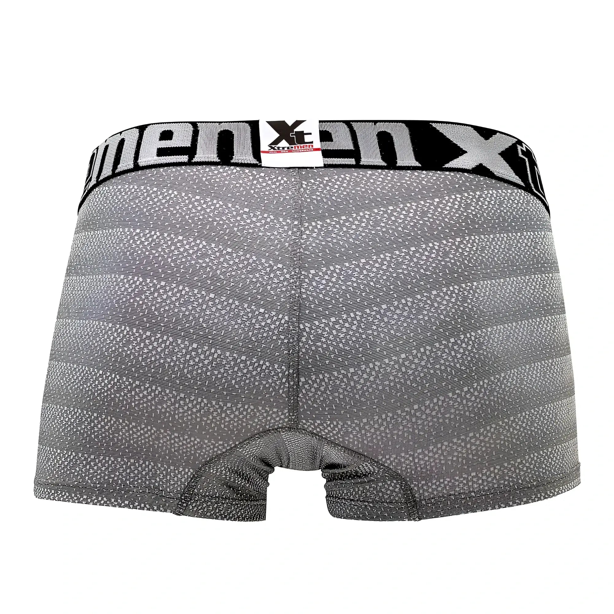 Gray geometric jacquard men’s boxer briefs with black x-men waistband for comfortable everyday wear
