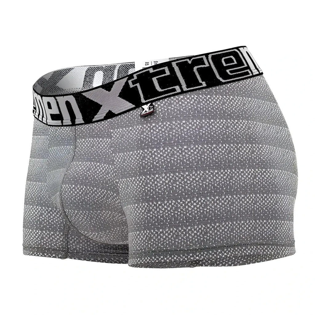 Gray xtremen 51449c geometric jacquard men’s boxer briefs with black waistband and white xtreme logo