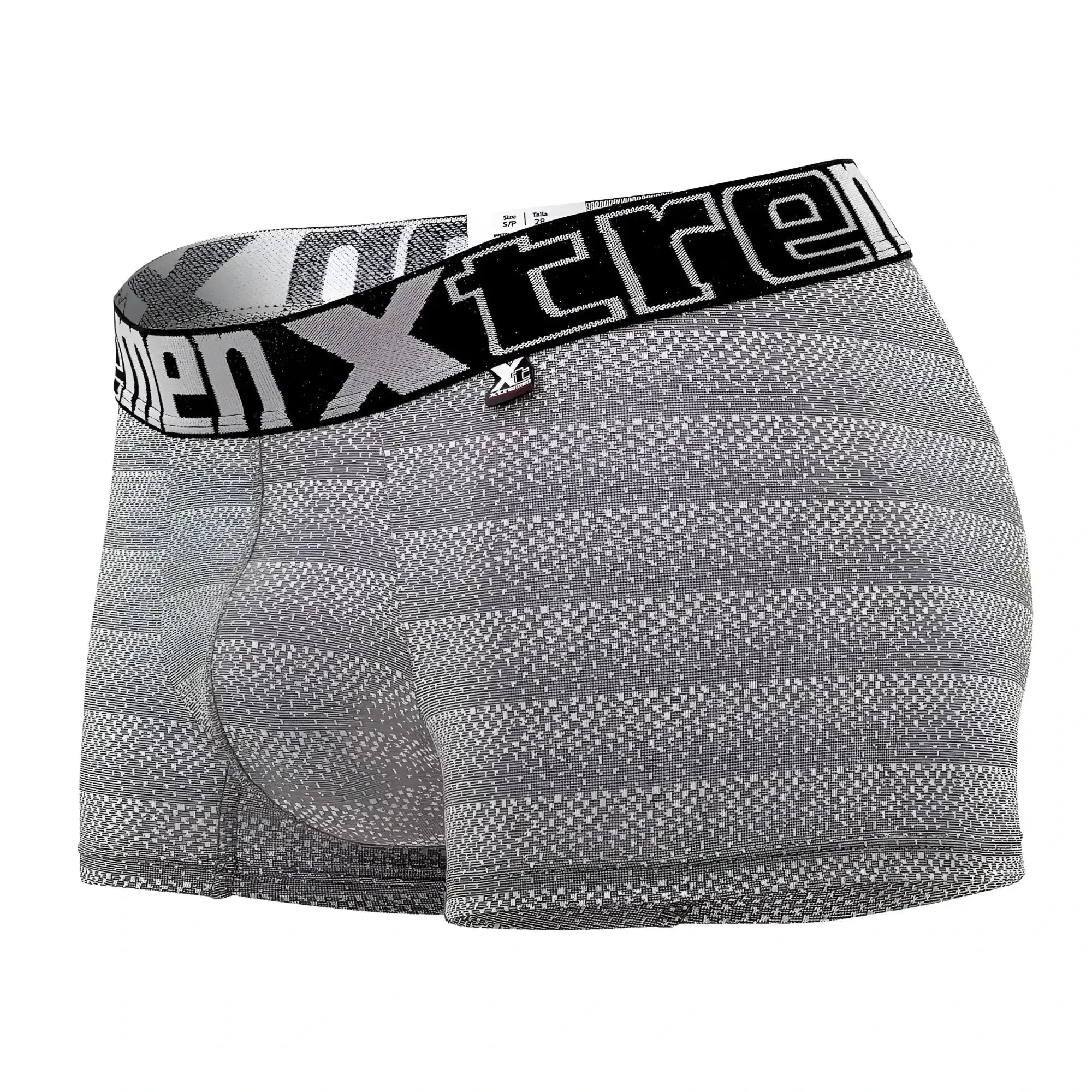 Gray xtremen 51449c geometric jacquard men’s boxer briefs with black waistband and white xtreme logo