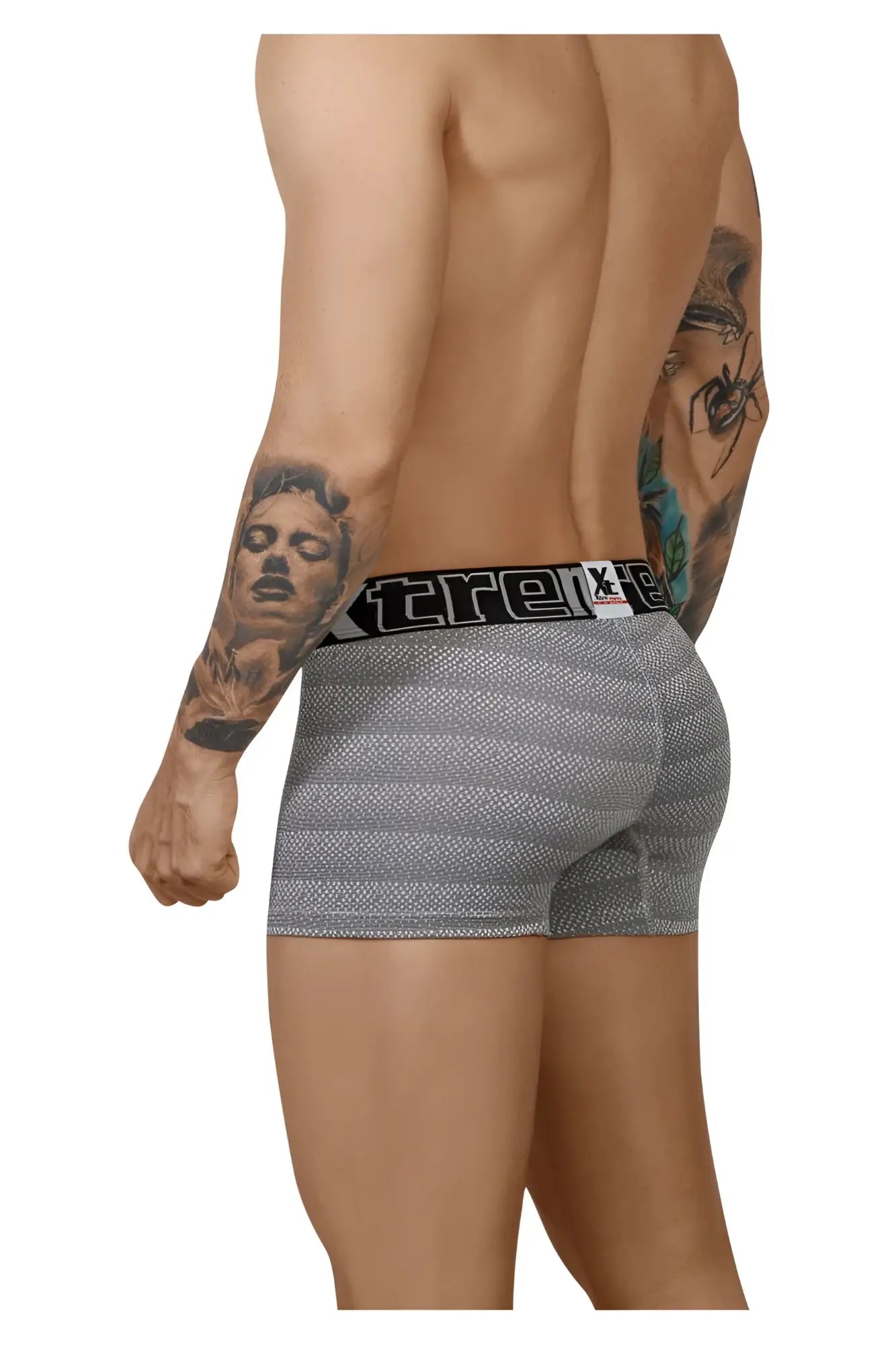 Gray striped boxer briefs with black elastic waistband featuring xtreme brand logo in geometric jacquard fabric