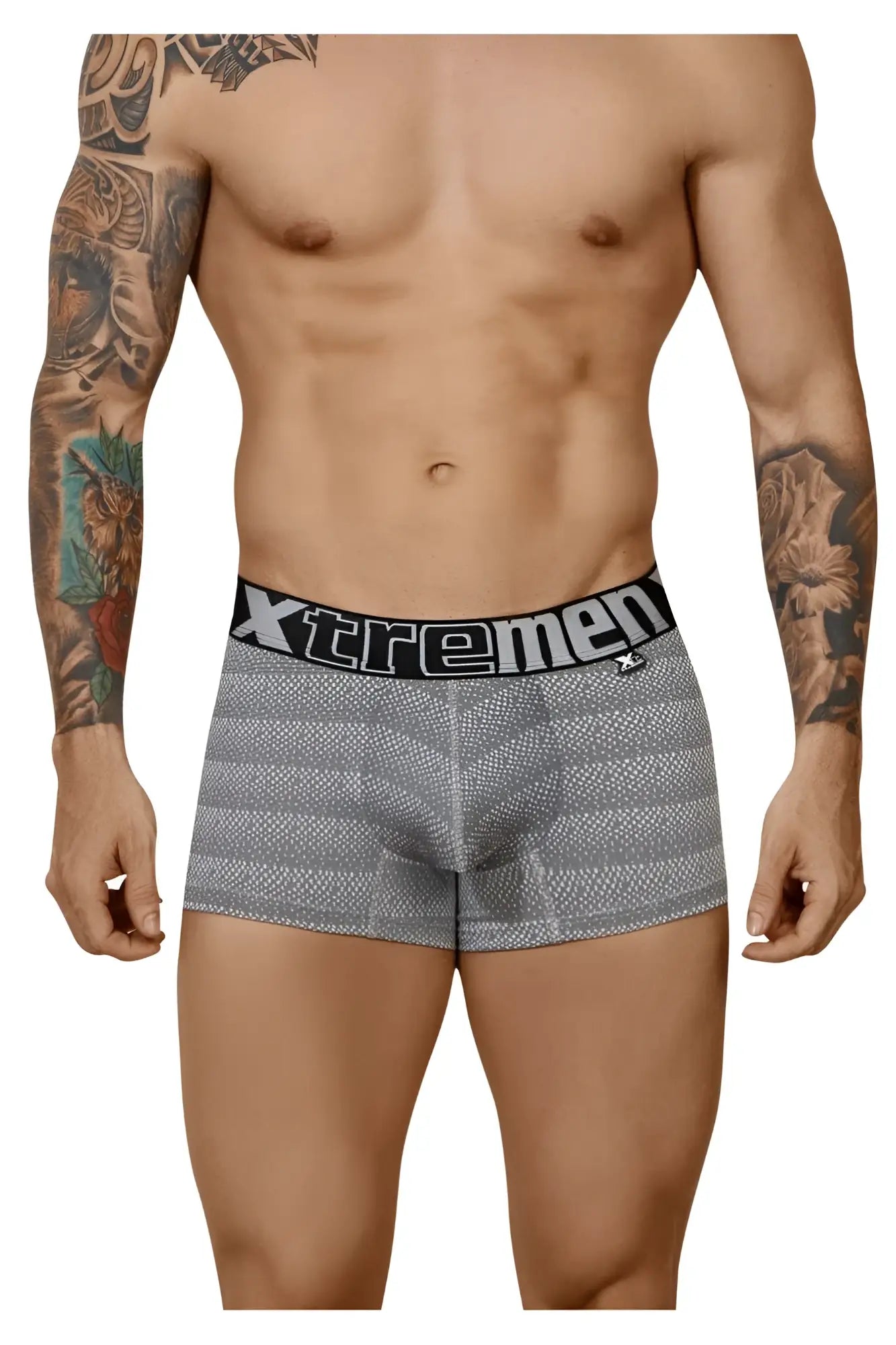 Gray striped xtremen 51449c geometric jacquard men’s boxer briefs with black waistband featuring xtremen branding