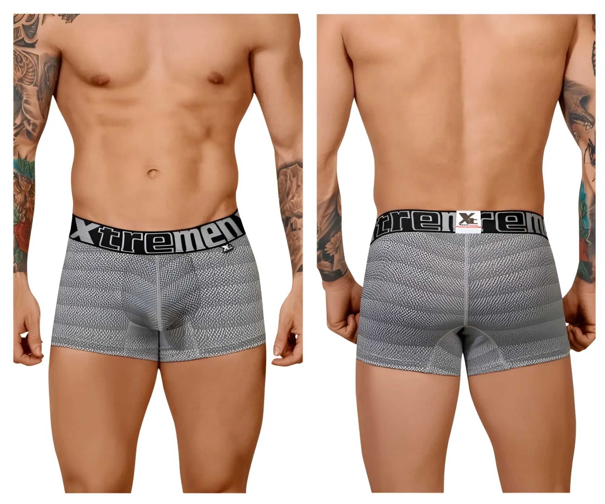 Gray striped men’s boxer briefs with geometric jacquard fabric and black xtremen branded elastic waistband