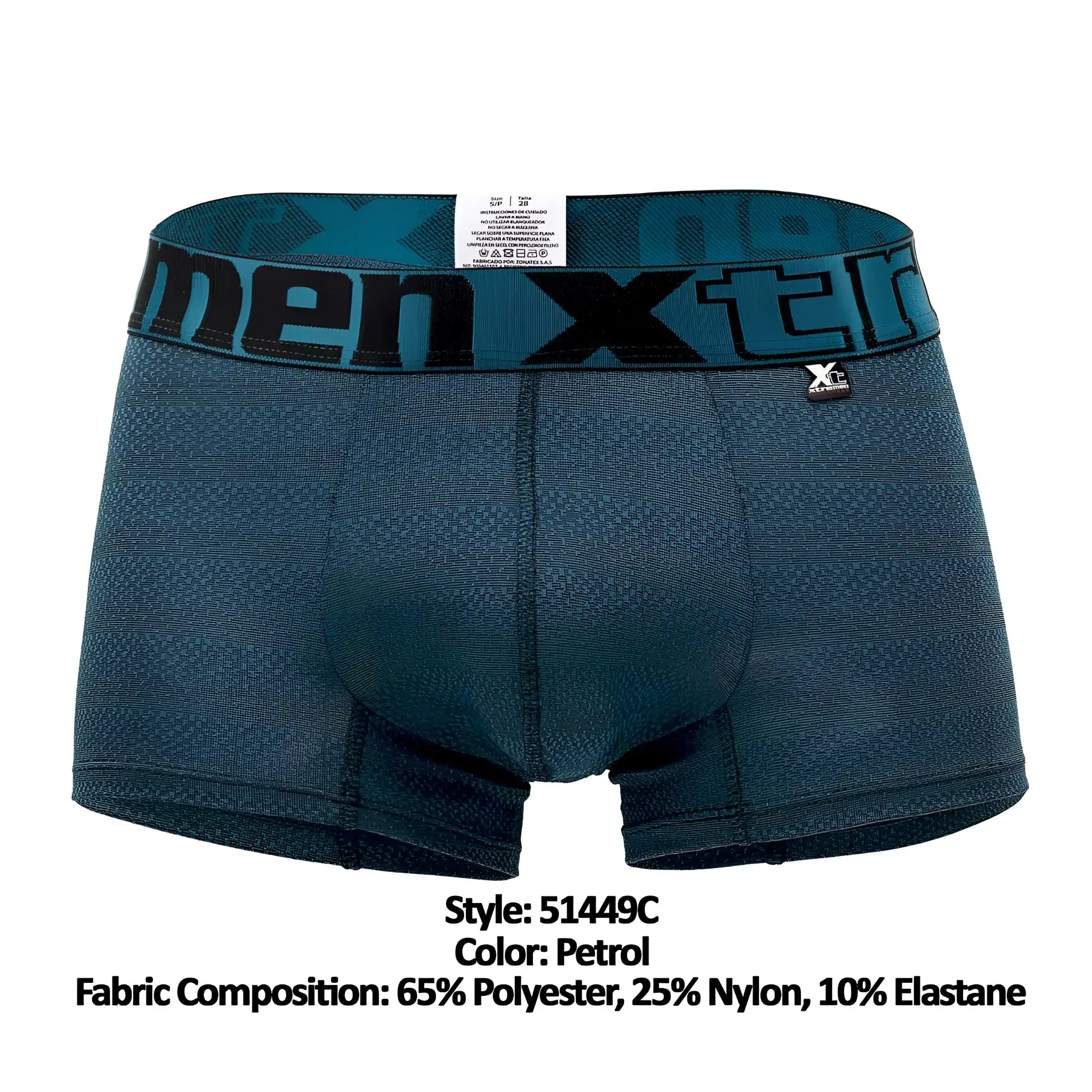 Petrol-colored men x boxer briefs with bold branding and textured geometric jacquard fabric trunk design