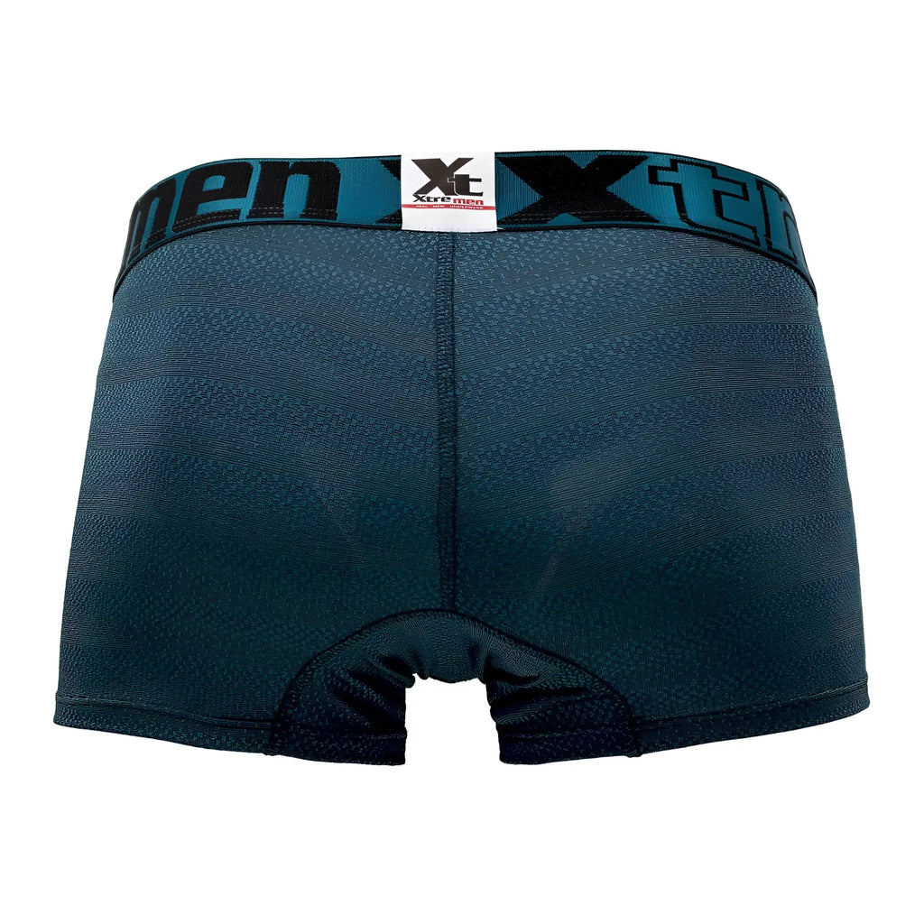 Dark teal men’s boxer briefs with textured geometric jacquard fabric and black xtreme men branding on waistband