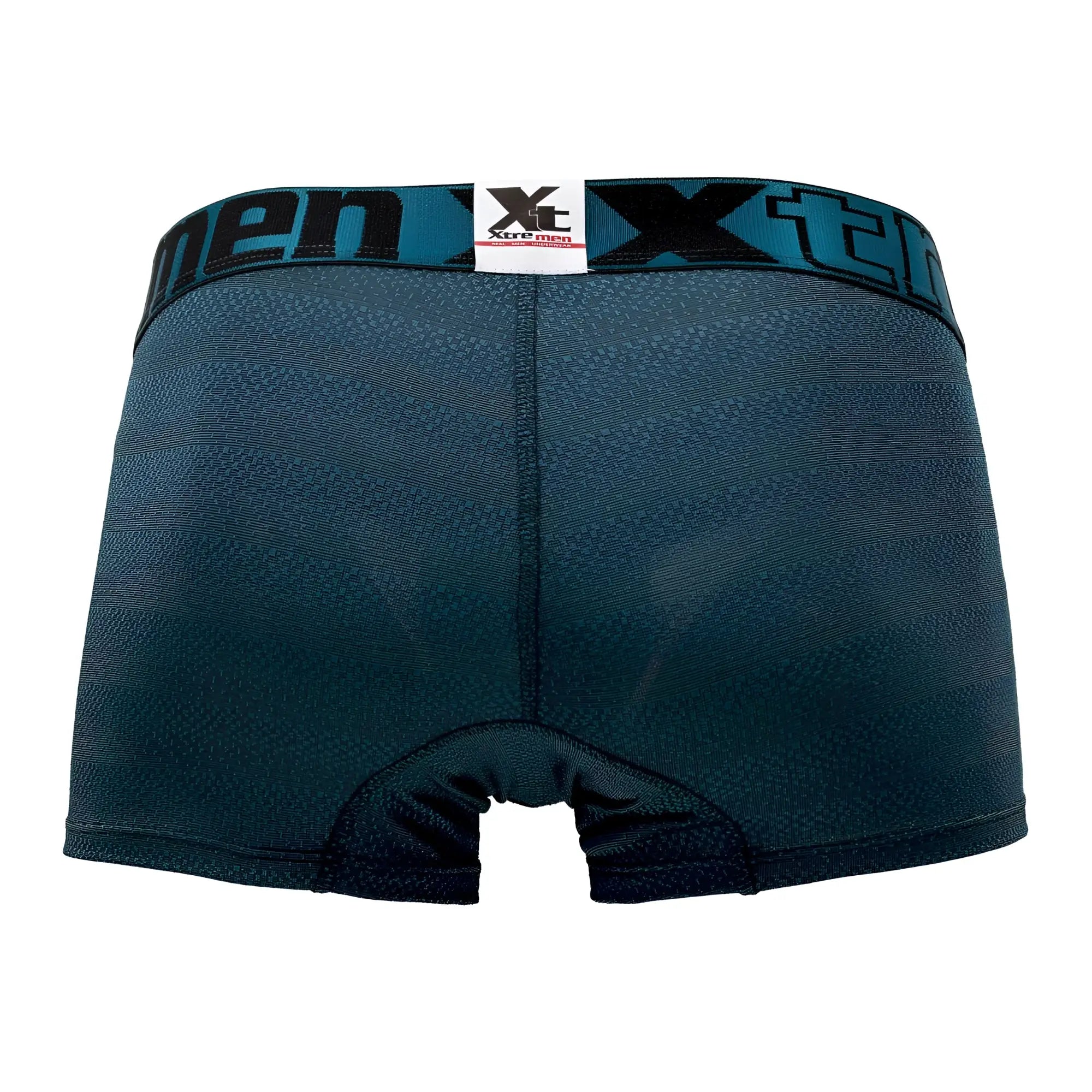 Dark teal men’s boxer briefs with textured geometric jacquard fabric and black xtreme men branding on waistband