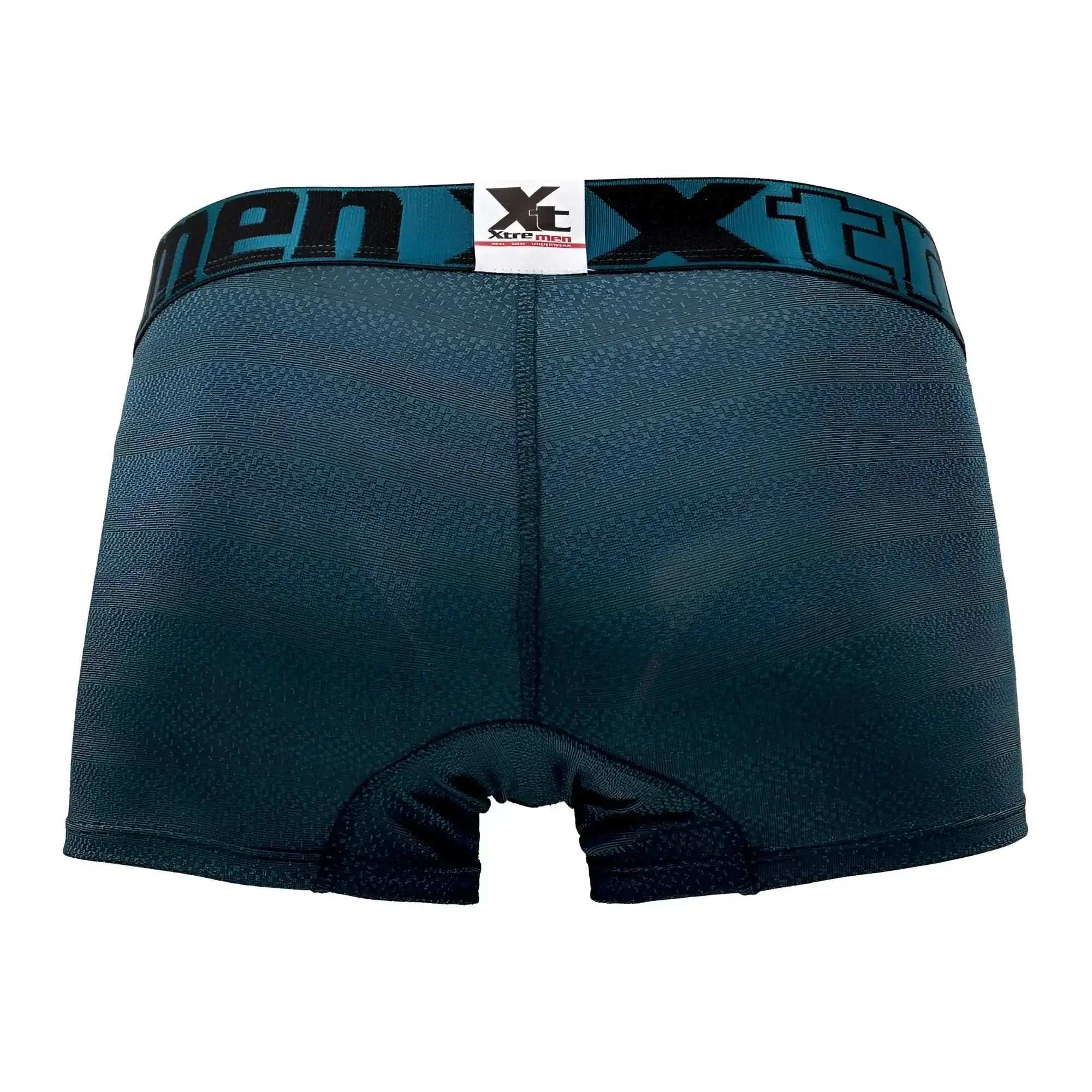 Dark teal men’s boxer briefs with textured geometric jacquard fabric and black xtreme men branding on waistband