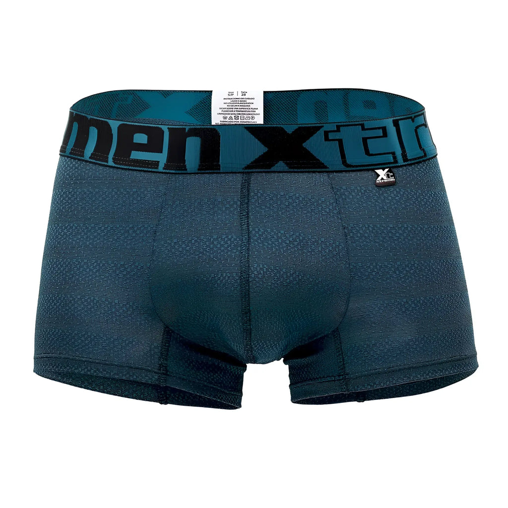 Dark teal men xtreme geometric jacquard trunk boxer briefs with textured fabric and black branded waistband