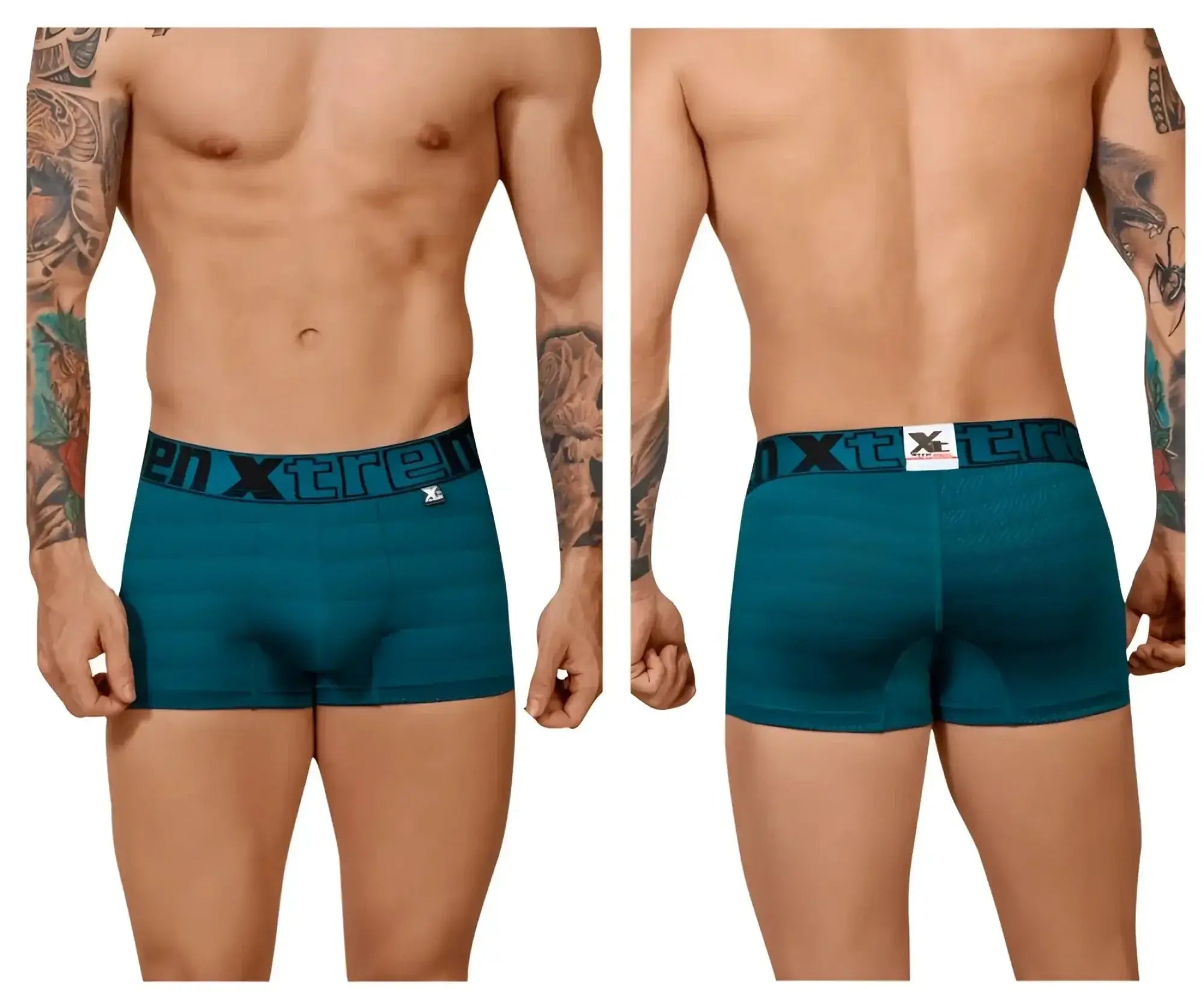 Teal textured men’s boxer briefs with black xtreme branded waistband in geometric jacquard petrol color