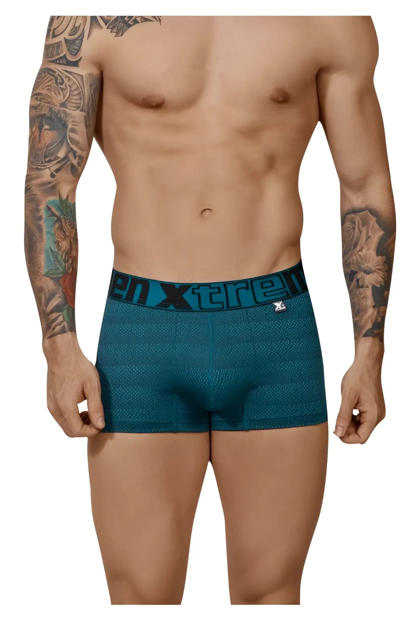 Teal textured boxer briefs with black elastic waistband featuring xtreme logo in geometric jacquard fabric