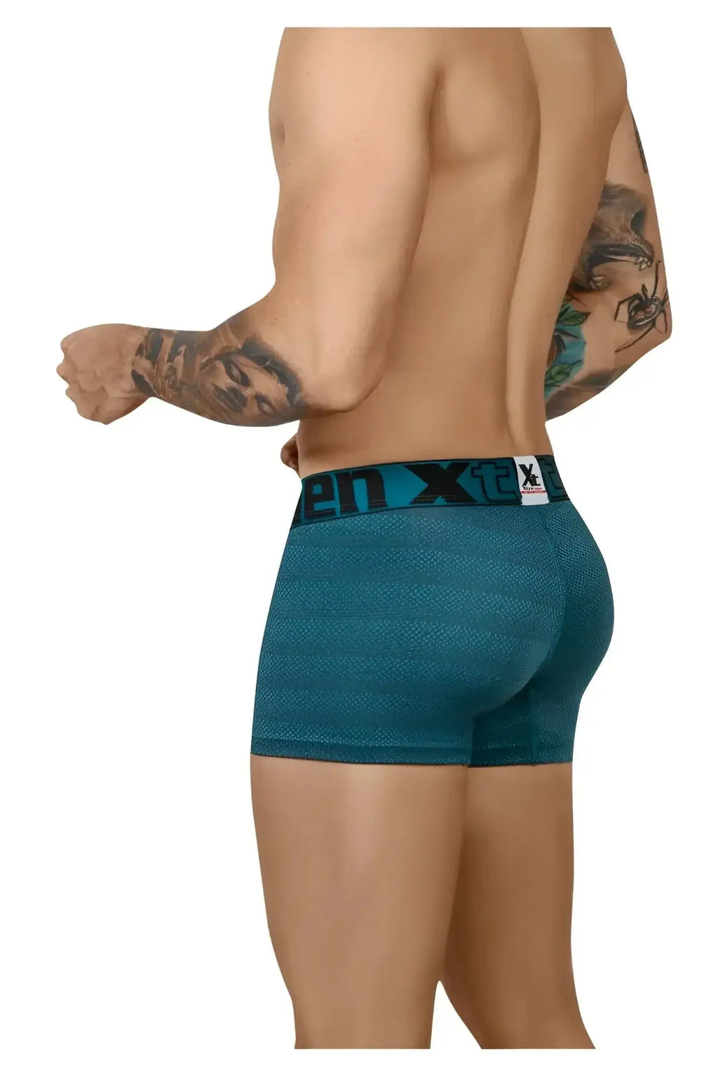 Teal textured men’s boxer briefs with black xtreme waistband in geometric jacquard fabric color petrol