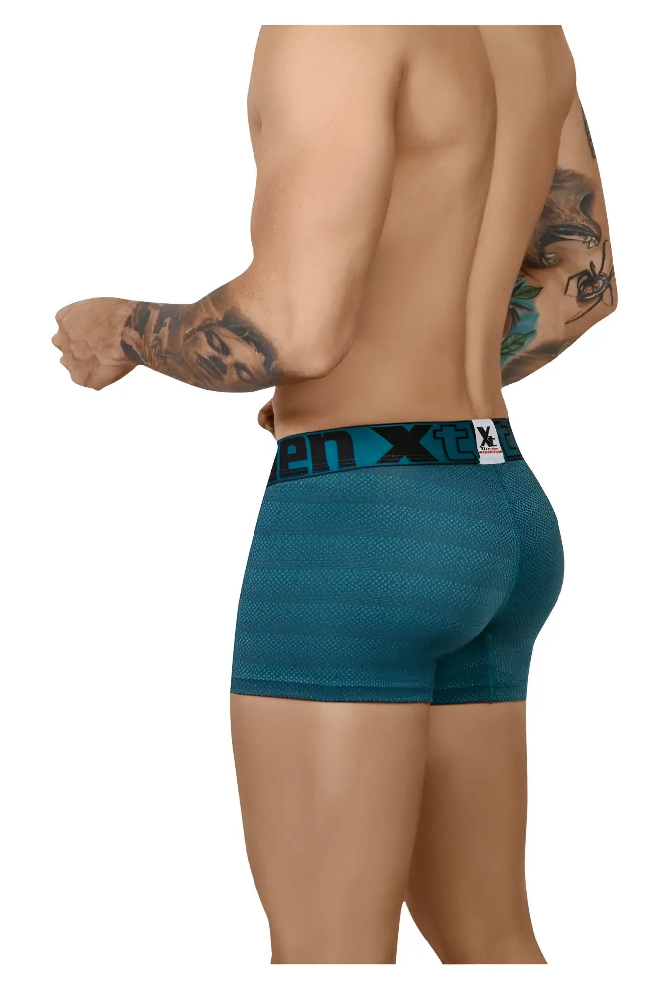 Teal textured men’s boxer briefs with black xtreme waistband in geometric jacquard fabric color petrol