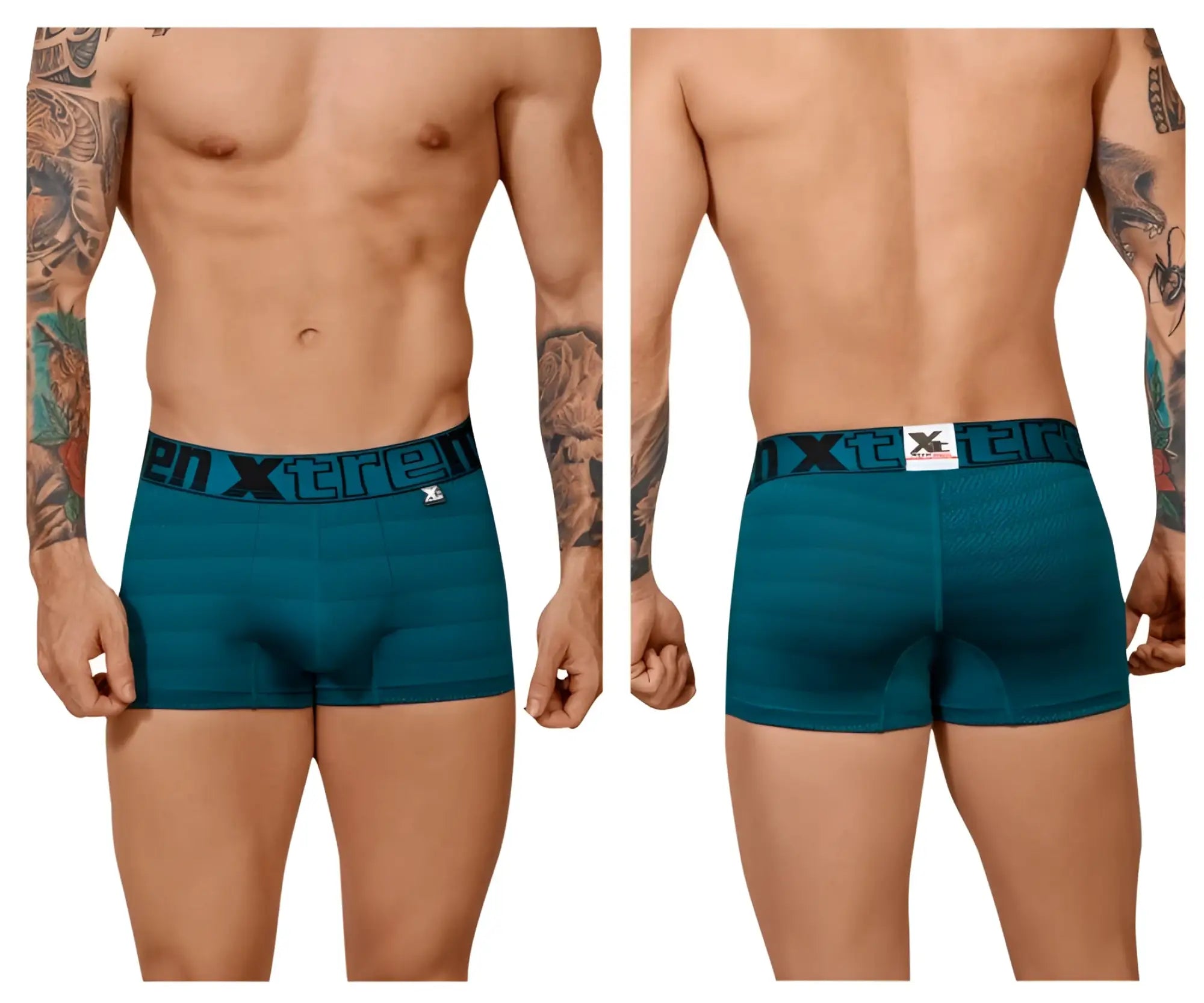 Teal textured men’s boxer briefs with black xtreme branded waistband in geometric jacquard petrol color