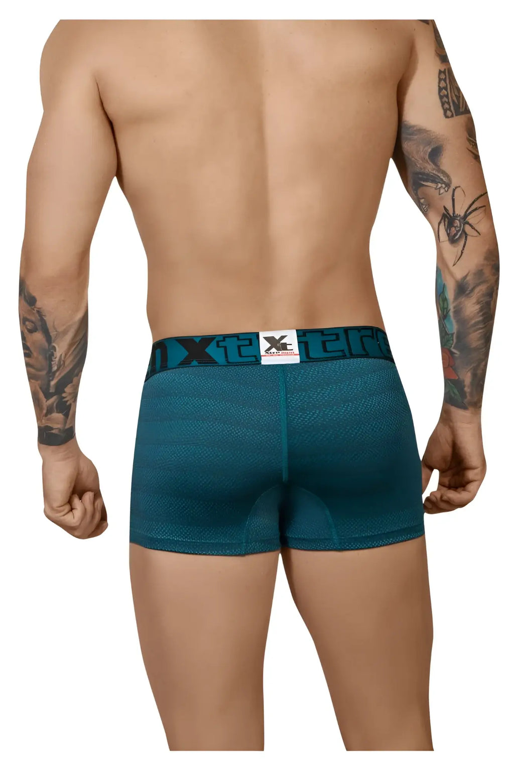 Teal textured mens boxer briefs with black elastic waistband and x logo in xtremen 51449c geometric jacquard trunk petrol