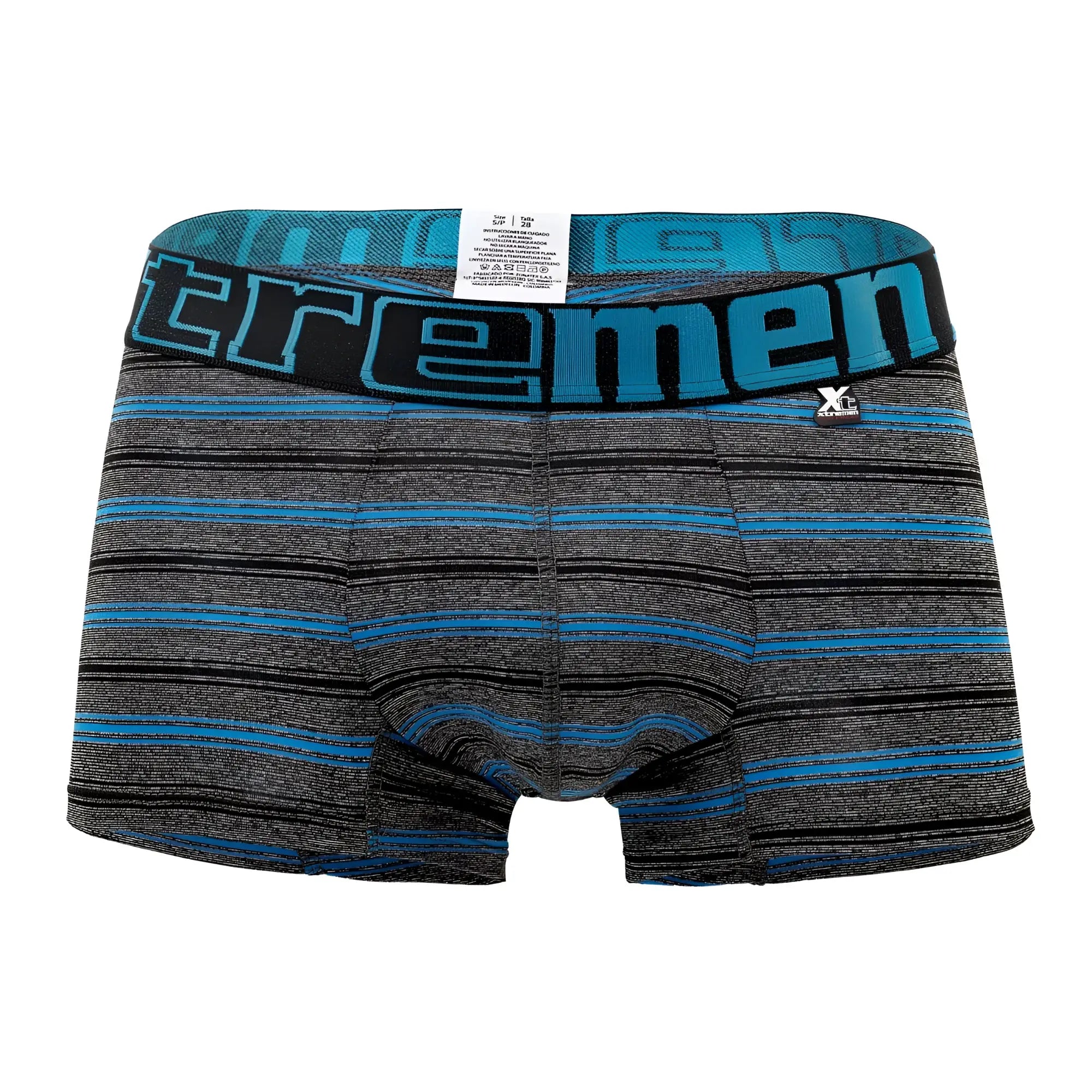 Men’s xtremen 51453c stripes trunk in blue and gray with black waistband and teal xtremen logo for comfortable wear