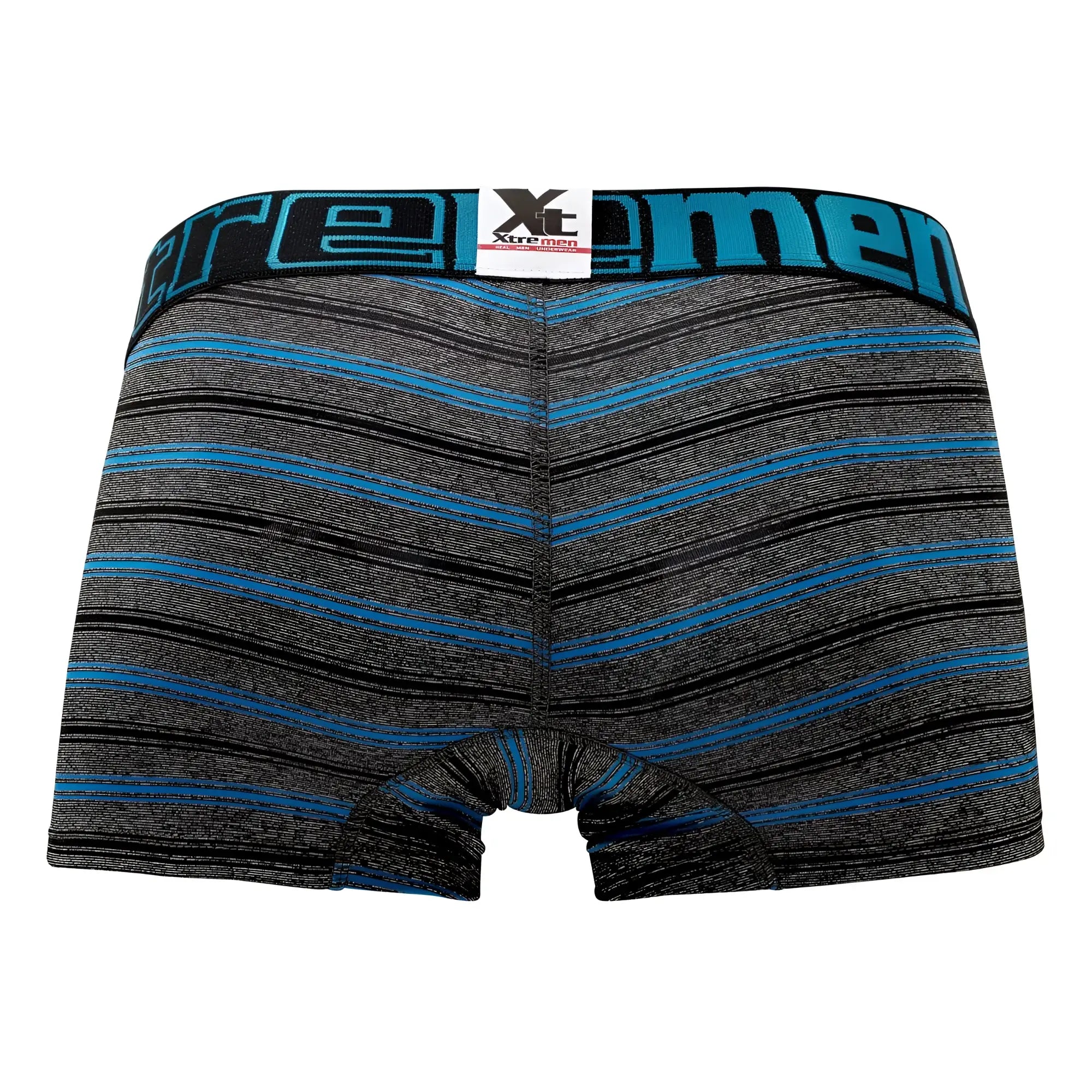 Xtremen 51453c striped turquoise men’s boxer briefs with black waistband featuring xtreme men logo
